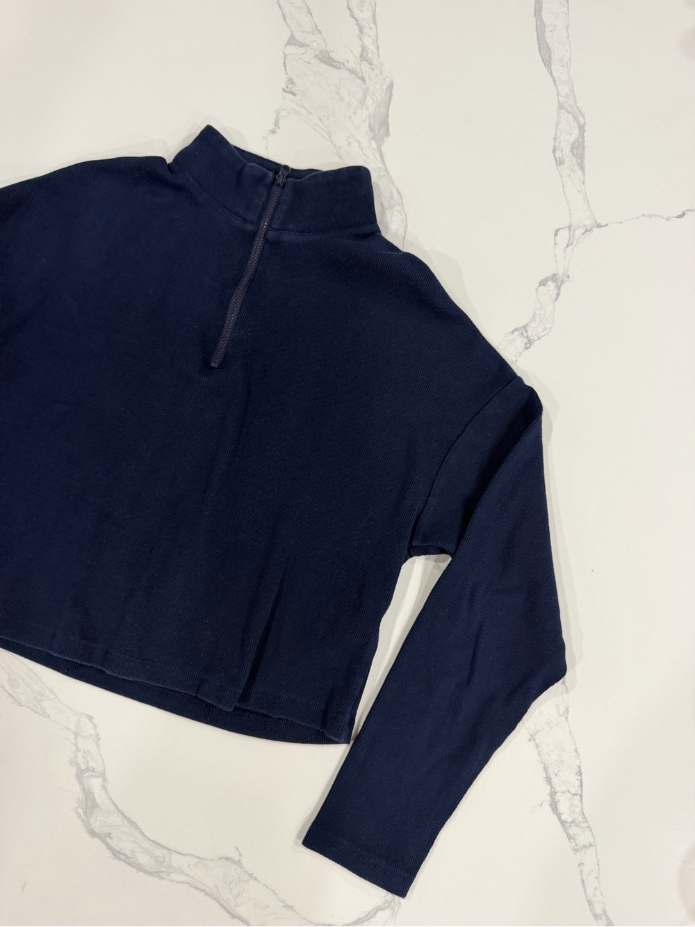 Garage Cropped Half-Zip Ribbed Pullover Sweatshirt Navy Blue Medium